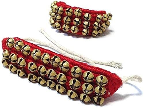 Ghungroo Anklet Bells Pair for Indian Classical Dance | Red Cloth Pad with Brass Bells | Bharatanatyam, Kuchipudi, Kathak, Odissi (3 Line)
