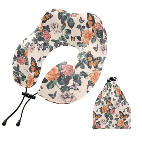 ALAZA Roses Butterfly Travel Neck Pillow Memory Foam Neck Pillow with Storage Bag,Soft Travel Pillow for Sleeping Travel Airplane Car Office Home