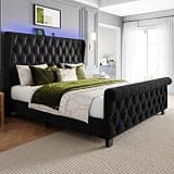 Uteeran King Size Bed Frame with Headboard, Velvet Upholstered Platform Bed with LED Lights & Charging Station, Button Tufted, No Box Spring Needed,Noise Free,Black