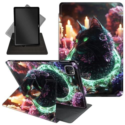 Case for iPad Pro 12.9 Inch 6th/5th/4th Gen (2022/2021/2020),360 Degree Rotating Protective Stand Cover with Auto Wake/Sleep for iPad Pro 12.9,Black Floral Cat