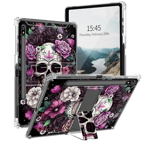 Rossy Clear Case for Samsung Galaxy Tab S8 Plus 2022/S7 FE 2021/S7 Plus 2020 12.4 Inch Slim Lightweight Soft TPU Transparent Back Cover with S Pen Holder & Stand Kickstand,Skull Flowers