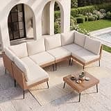 Aoxun 7-Piece Patio Furniture Set, Wicker Outdoor Furniture with Water Resistant Thick Cushions, Patio Conversation Set Outdoor Sectional Sofa with Coffee Table for Backyard Poolside, Beige