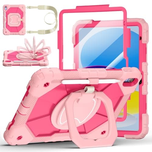 Case for iPad A16 11th Generation 11 Inch 2025, Auorld for iPad 10th Generation 10.9 inch 2022 case with Screen Protector, 360 Degree Rotating Stand Shoulder Strap Pencil Holder, Rose Pink