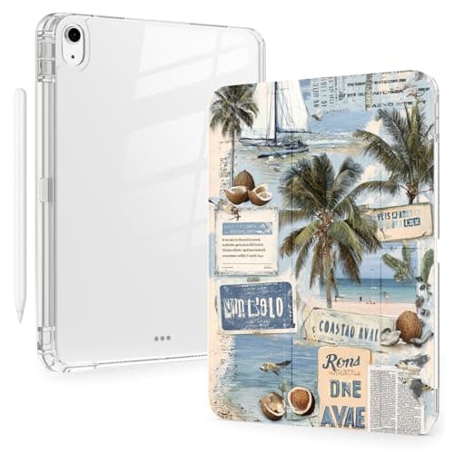 BlHMCASE Sea Beach Newspaper for iPad Air 11 Inch Case 7th/6th Generation (M3/M2) 2025/2024 with Pencil Holder, Auto Sleep/Wake, White Leather Acrylic Back Detachable Cover