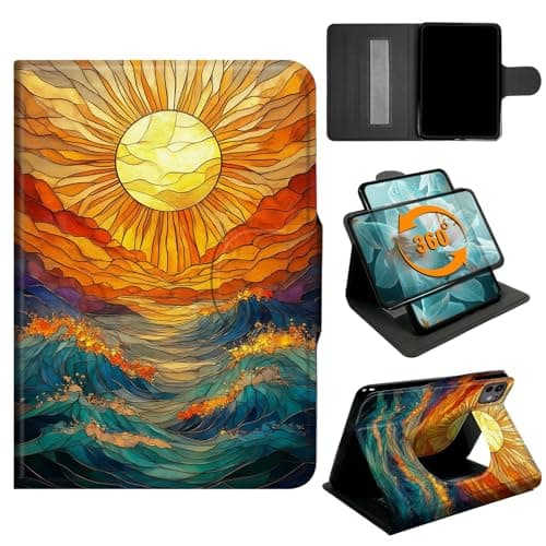 Gmeyutqy 360° Rotating Case for iPad Pro 13 Inch M5 2025/M4 2024, PU Leather Shockproof Stand Cover with Hand Strap & Magnetic Clasp, Auto Wake/Sleep, Stained Glass Sun Ocean