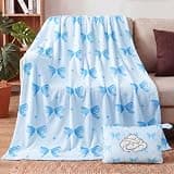 Chicplaid Pink Blue Bow Travel Blanket Airplane and Pillow Compact 2 in 1 Soft Fleece Travel Blanket and Pillow Set with Luggage Sleeve Backpack Clip Compact Airplane Essentials Gifts, 40"x60"(Blue)