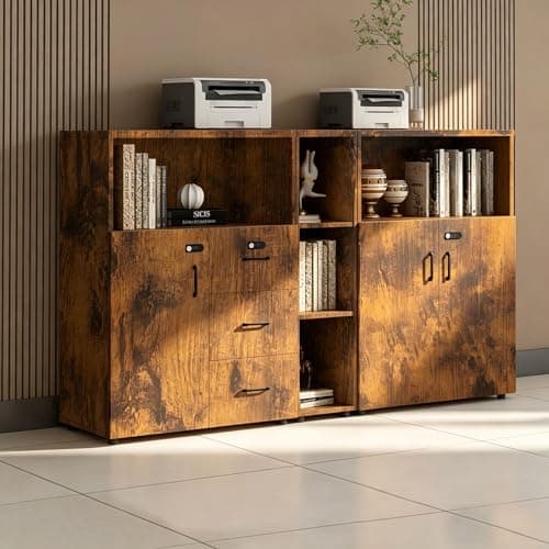 HSHBDDM File Cabinet with Password Lock, Wood Lateral Filing Cabinet for Letter/A4 Files, 3 Drawer with Door, Printer Stand with Open Shelves for Home Office