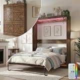 Mjkone Queen Size Murphy Bed, Cabinet Chest Beds, Wall Murphy Bed Queen Size, Adults Modern Hidden Cabinet Guest Beds with 16 Colors of LED Lights & Space-Saving Design for Bedroom, Apartment - Brown