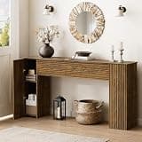 FABATO 61” Fluted Long Console Table with 2 Hidden Storage Cabinets, Brown