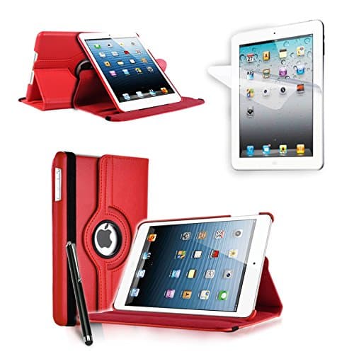 Haio 360 Apple Mini Ipad 2/3 Case Rotating Leather Stand Smart Cover for Apple Mini Ipad 2 / Mini Ipad 3 [Case Cover + Screen Protector + Stylus Pen] (RED)
