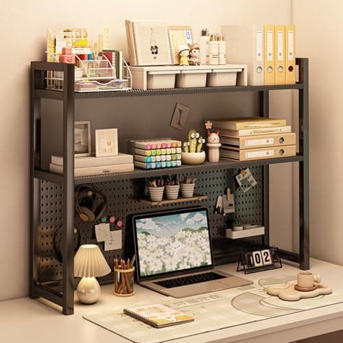 ZGWRYI Desk Hutch,2-Tier Desktop Hutch Bookshelf,Desktop Bookshelf with Pegboard,Small Computer Desk Book Shelf,Space Saving,for Home, Office and Dorm(Black,90x24x90cm)