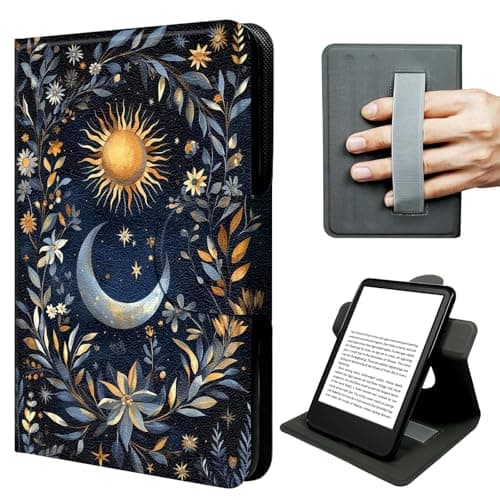 JNFBWULO Case for Kindle Fire 7 Tablet (9th/7th/5th Gen 2019/2017/2015 Release), 360° Rotating Stand Cover with Hand Strap, Auto Sleep Wake Protective Folio - Celestial Sun Moon Wreath