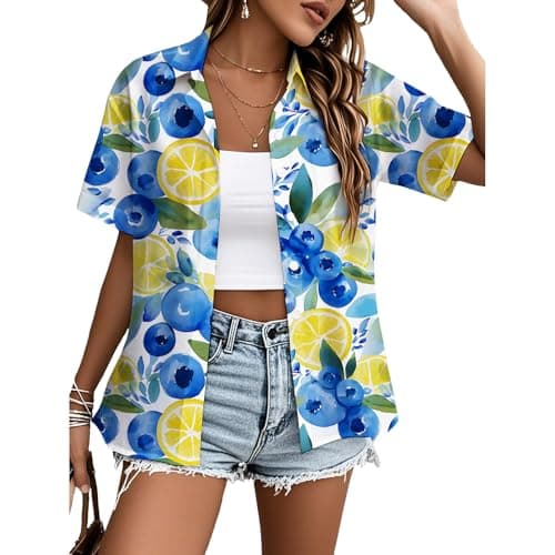 Fruits Printed Shirts for Women 2025 Summer Button Down Short Sleeve Casual Comfy Basic Beach Vacation Tops