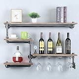 HAOREBAIYU 4-Tier Wall Mounted Wine Rack, Industrial Pipe Wine Shelf with 4 Stemware Holders, Rustic Metal Hanging Bottle Rack for Bar, Kitchen, Living Room Decor