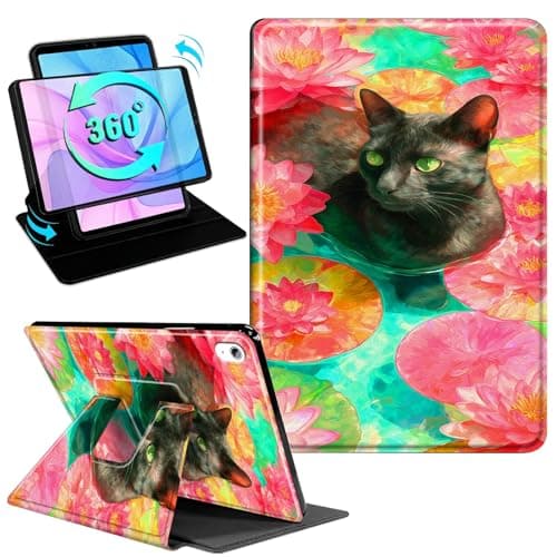 Gmeyutqy Case for iPad A16 11th Generation 11 Inch 2025 and iPad 10th Generation 10.9 Inch 2022, 360 Degree Rotating Swivel Stand Flip Cover with Auto Sleep/Wake, Pink Lotus Cat