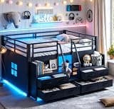 Bellemave Full Low Loft Bed with LED, Metal Gaming mid loft Bed with Storage Ladder, Non-Woven Fabric Drawers, Shelves, Black
