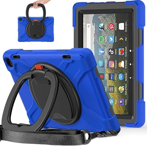 CASETAGfgh Case for Kindle Fire HD 8& Fire HD 8 Plus 2024/2022 Release,Heavy Duty TPU Shockproof Kids Case,360 Degree Rotating Multi-Function Grip Bracket+Shoulder Strap Rugged Cover(Blue)