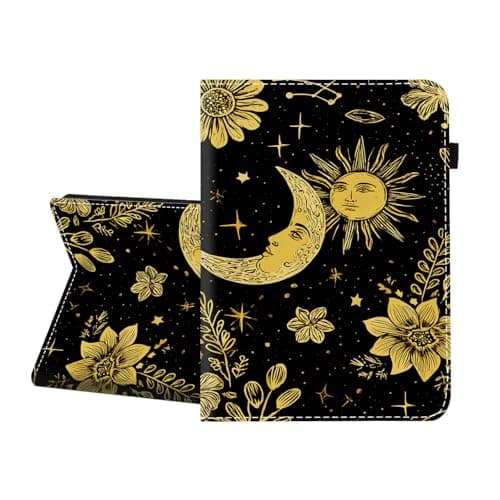 CICPLKSE Case for Samsung Galaxy Tab E 9.6 2015 (Model SM-T560/T561/T565/T567),Premium PU Leather Cover with Auto Sleep Wake,Golden Sun Moon Floral