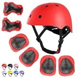 WayEee Kids Bike Helmet Set Skateboard Knee Pads, 7PCS Protective Gear Adjustable for Girls Boys 3-10 Age Elbow Pads Wrist Guards for Outdoor Sports Cycling Bike Roller Skating Scooter, Youth, Red