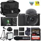 Sony ZV-E10 Mirrorless Camera (Black) Kit with Sony E PZ 16-50mm f/3.5-5.6 OSS II Lens | APS-C Sensor | Compact Creator Tool + Spare Extra Battery + 64GB Card + Camera Case