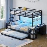 Twin Over Full Bunk Bed with Trundle, RGB LED Lights & Power Outlet, Metal Triple Bunk Beds with Desk, 3 Drawers, Guardrail & Padded Ladder, Space-Saving 3 Bed Frame for Teens, Black