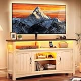 YITAHOME Farmhouse TV Stand for 75/70 Inch TV Entertainment Center with TV Mount, LED TV Stand for Living Room with Storage & Power Outlets, Walnut & Warm White
