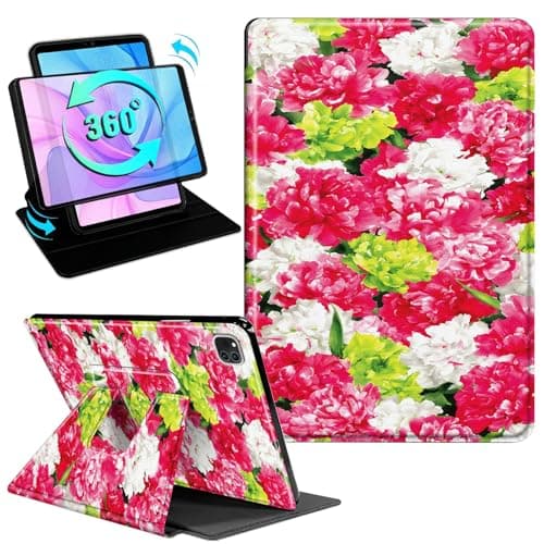 Gmeyutqy Case for iPad Air 13 Inch (M3/M2, 2025/2024) & iPad Pro 12.9 6th/5th/4th Gen, 360 Degree Rotating Swivel Stand Flip Leather Cover with Auto Sleep/Wake, Peony