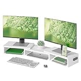 BONTEC Dual Monitor Stand Riser, Adjustable Length & Swivel Angle, Ergonomic Wooden Desktop Organizer with Smartphone Holder, Computer Monitor Stand for PC Monitor, Laptop, Printer, Large Storage