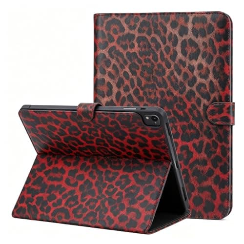 Case for iPad A16 11th Generation 11 Inch 2025 iPad 10th Generation 10.9 Inch 2022, Built-in Pencil Holder Heavy Duty Shockproof Smart Auto Sleep/Wake Leopard Print Folio Protective Cover (Red)