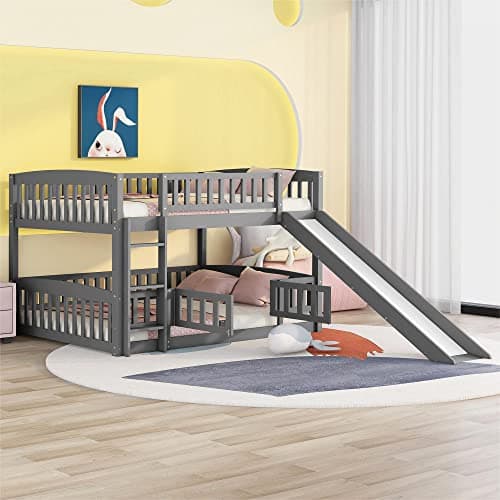 QVUUOU Full Over Full Bunk Bed with Slide and Fence, Solid Pine Wood Ladder for Toddler Kids Teens - Gray