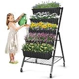 SEJOV 5-Tier Raised Garden Bed, 4FT Vertical Garden Planter with Storage Rack and Lockable Caster Wheels, Indoor Outdoor Raised Planter Box with Drainage System for Vegetables, Flowers, Herbs, Black
