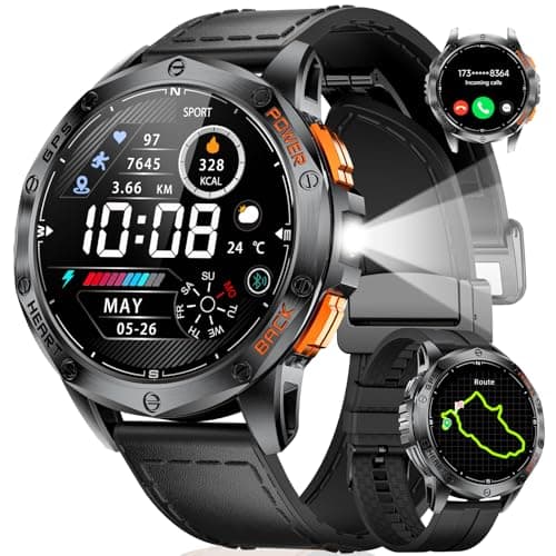 LIGE GPS Smart Watch for Men, 1.43'' AMOLED Always on Display, LED Flashlight/Compass/45 Days Battery/IP68 Waterproof Smartwatch, 100+ Sport Mode, Rugged Smart Watches for Android iOS, Black