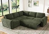 HONBAY Modular Sectional Sleeper Sofa with Pull Out Bed,Corduroy L Shaped Couch with Storage, Sectional Couches for Living Room,Green