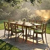 THINK 30 7 Pieces Acacia Wood Outdoor Dining Set with Green Cushions,Modern 6 Chairs 1 Large Table,Dining Furniture Set for Lawn, Backyard, Garden Deck,Poolside,Teak,42K