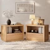 Cozy Castle 27'' Wide Oversize Nightstand Set of 2, Modern Bedside Table with Drawer Storage & Open Shelf, Wood End Table Wide Night Stand for Bedroom, Oak
