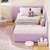 Garvee Twin Daybed with Extended Headboard, Corner Bed Frame with Bed Rails, Velvet Upholstered Sofa Bed with Guardrail for Bedroom, Guest Room,Adjustable Installation, Purple