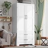 Wooden Armoire Wardrobe Closet with Drawers, Bedroom Armoires with Door and Shelves, Freestanding Wardrobe Clothing Storage Cabinet with Hanging Rod for Bedroom, Laundry Room, Cloak Room （White）