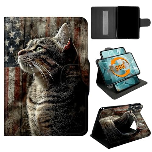 360° Rotating Case for iPad mini 7 A17 Pro 2024/iPad mini 6 2021 8.3 Inch, PU Leather Shockproof Stand Cover with Hand Strap & Magnetic Clasp, Auto Wake/Sleep, American Cat