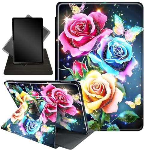 Case for Kindle Fire HD 8 & Fire HD 8 Plus Tablet (12th Generation 2024/2022 & 10th Generation 2020 Release),360 Degree Rotating Stand Smart Protective Cover Case,Rose Butterfliy Flowers