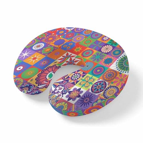 ZFUNCING Travel Pillows U-Shaped Neck Pillow Abstract Ethnic Patchwork Ergonomic Memory Foam Pillow Head Cushion,Boho Indian Geometric Flower Soft Portable Neck Pillows for Office Airplane Car Train