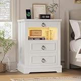 HOSTACK White LED Nightstand with Charging Station, 3 Drawers Bedside Table with Open Shelf, Farmhouse Night Stands with Storage, Wood Bed Side Table for Bedroom, Classic White