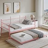 IDEALHOUSE Twin Size Metal Daybed with Trundle - Heavy-Duty Steel Slat Support Metal Sofa Bed Frame with Adjustable Height - Multipurpose Guest Bed for Bedroom, Living Room, Guest Room - Pink