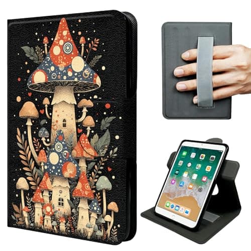 JNFBWULO iPad 9.7 Case (2018 6th Gen / 2017 5th Gen), 360° Rotating Stand with Hand Strap, Vertical & Horizontal Viewing, Auto Sleep Wake - Whimsical Mushroom House