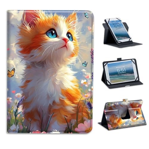FXIANGWL for Universal 7-9 Inch Android Tablet Case, 360 Degree Rotating Multi-Angle Stand PU Leather Universal Case Cover for All 7-9 Inch Tablet, Kitten in Flower Field