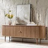 AMERLIFE 70" Mid-Century Modern TV Stand, TV Console Table for TVs up to 80 Inch, Fluted Wood Media Console with Storage, Solid Wood Legs, Walnut