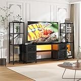 Yenlure LED TV Stand Bookshelf Combo with Charging Station for 65 60 55 Inch TV, Entertainment Center with Lights & Drawers, Industrial Media TV Console Table for Living Room Bedroom Office, Black