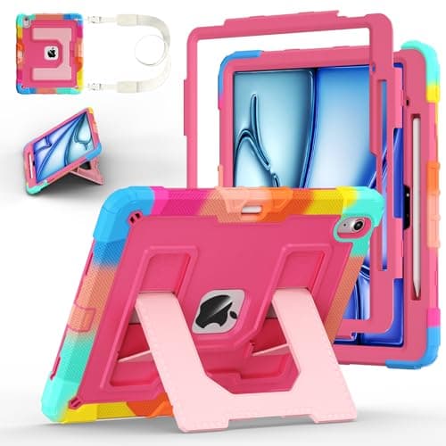Case for iPad Air 13 Inch Case M4 2026/M3 2025/ M2 2024, Ubearkk for iPad Air 13 Inch Case M4 2026 Case Fully-Body Rugged Shockproof Cases with Large Kickstand Pen Holder Shoulder Strap, Colorful Pink