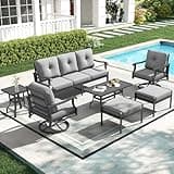 Mvpipi 7 Piece Aluminum Patio Conversation Set, Outdoor Metal Furniture Set w/Rocking Swivel Chairs, 3-Seat Sofa, Ottomans and Coffee Side Table, 5" Thickened Cushions for Backyard, Poolside, Gray
