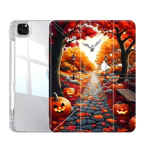 Case for iPad Pro 13 Inch (M5/M4) 2025/2024, Slim Clear Case with Pencil Holder, Multi-Angles Folding Y-Shaped Stand Cover, Halloween Pumpkin Maple Tree