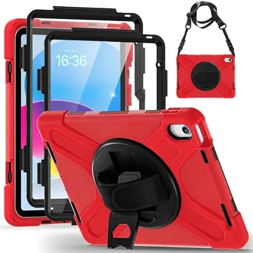 Shockproof Case for iPad A16 10th 2022 /11th 2025 Generation [2 Front Frames] Rugged Cover with 360° Rotatable One-Click Reset Stand & Velcro Hand Strap (Integrated Pencil Holder), Red